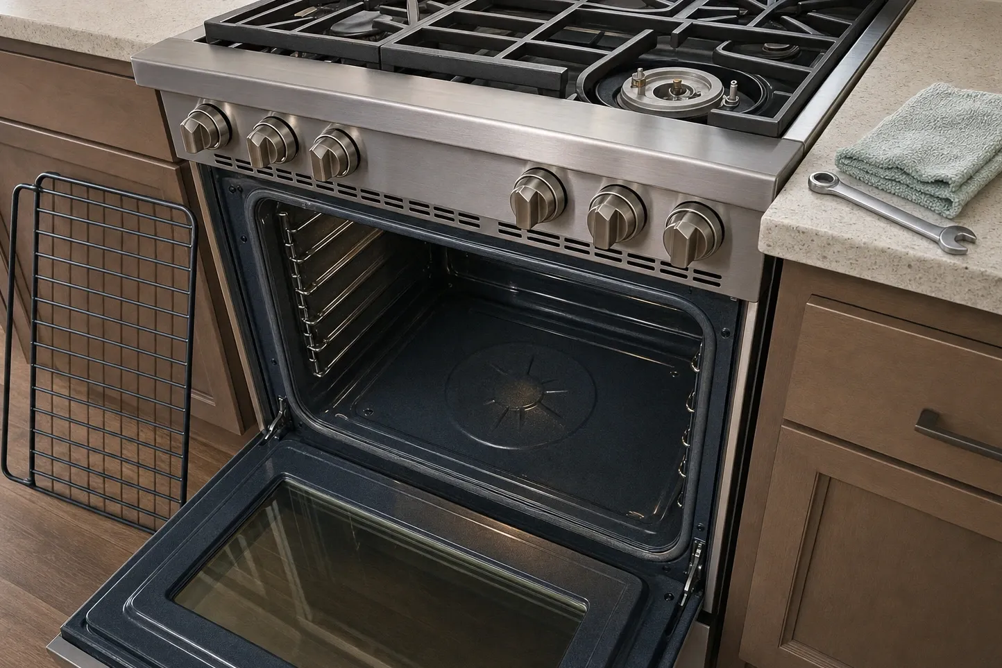 Stainless pro-style gas range with the oven door open and one burner cap lifted off, wrench and cloth on the counter