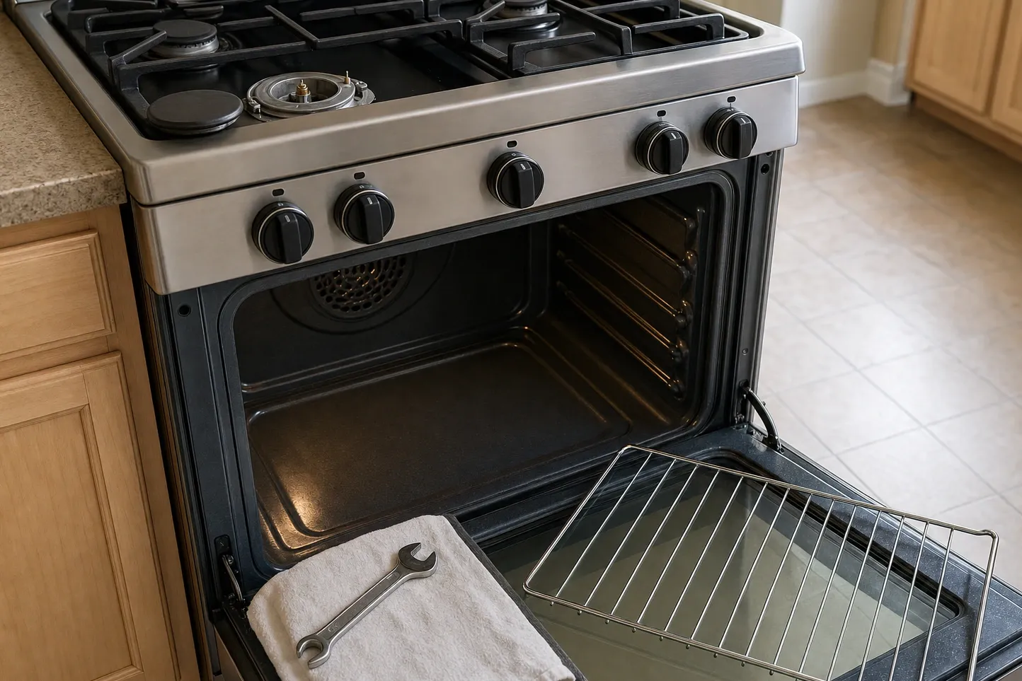 Open oven cavity with the perforated convection fan cover on the rear wall and a rack pulled out onto the door