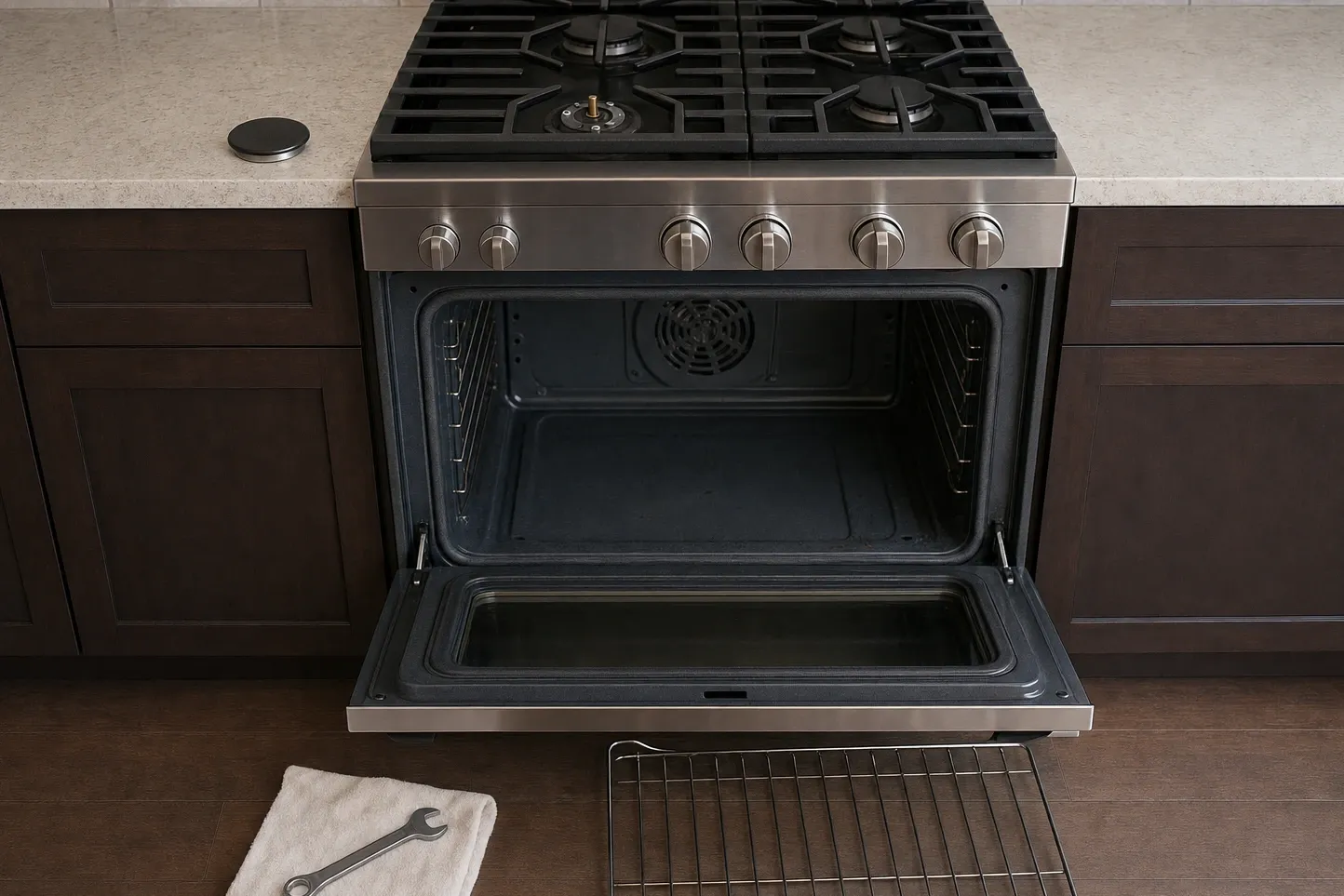 Gas range with the oven door open, convection fan cover on the rear wall and one burner cap off on the cooktop