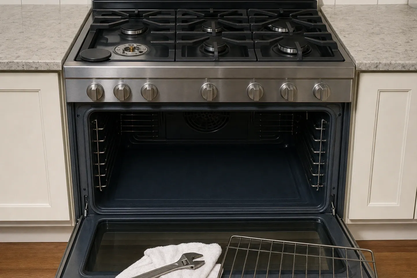 Wide view of a six-burner pro range with the oven door open, convection fan cover visible at the back of the cavity