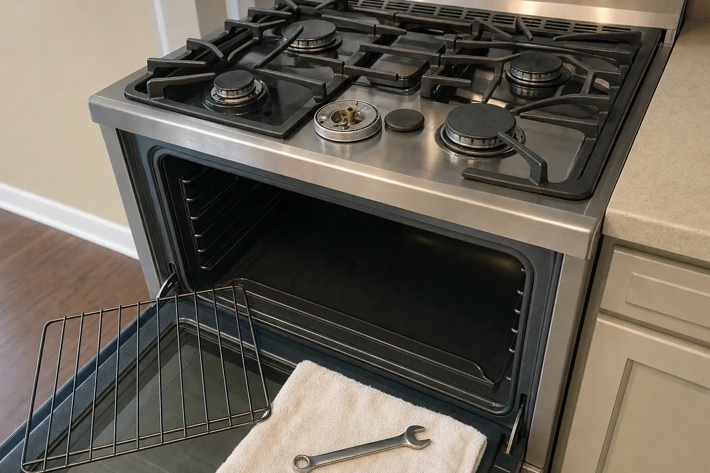 Burner assembly lifted out and standing on the cooktop deck beside its cap, oven door open and rack pulled forward