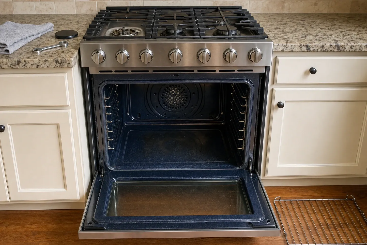 Stainless range with seven control knobs in a row below cast grates, the oven door lowered flat and a perforated convection fan cover on the rear wall of the empty cavity