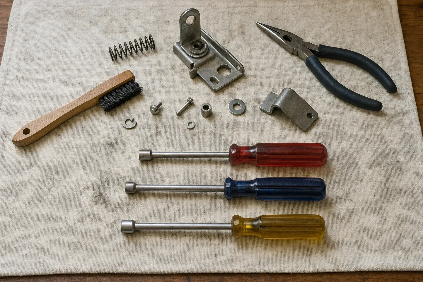 Coil spring, a pivoting steel bracket, a bushing, washers, a cam plate and small screws laid out with a wooden-handled wire brush, needle-nose pliers and three nut drivers