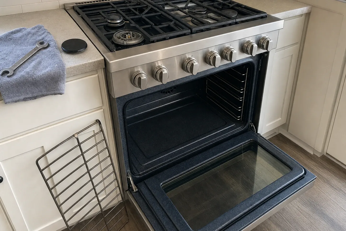 Three-quarter view of a stainless range in cream cabinets with the front-left burner uncapped, its black cap on the counter beside a grey towel and an open-ended wrench