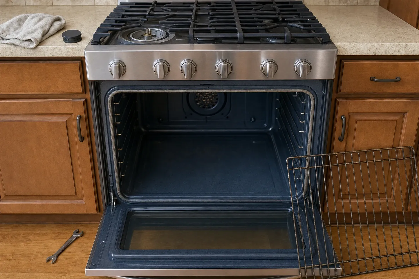 Stainless range in wood cabinets with the oven door down, the braided cavity gasket running around the door opening and the front-left burner base bare above