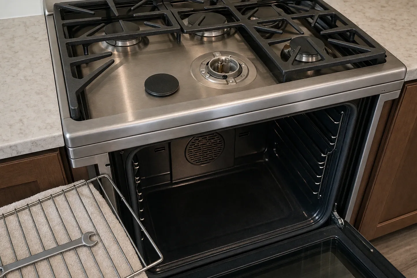 Elevated close view of a cooktop with one burner recess emptied to its machined base and centre fitting, the black cap alongside and the oven cavity open underneath