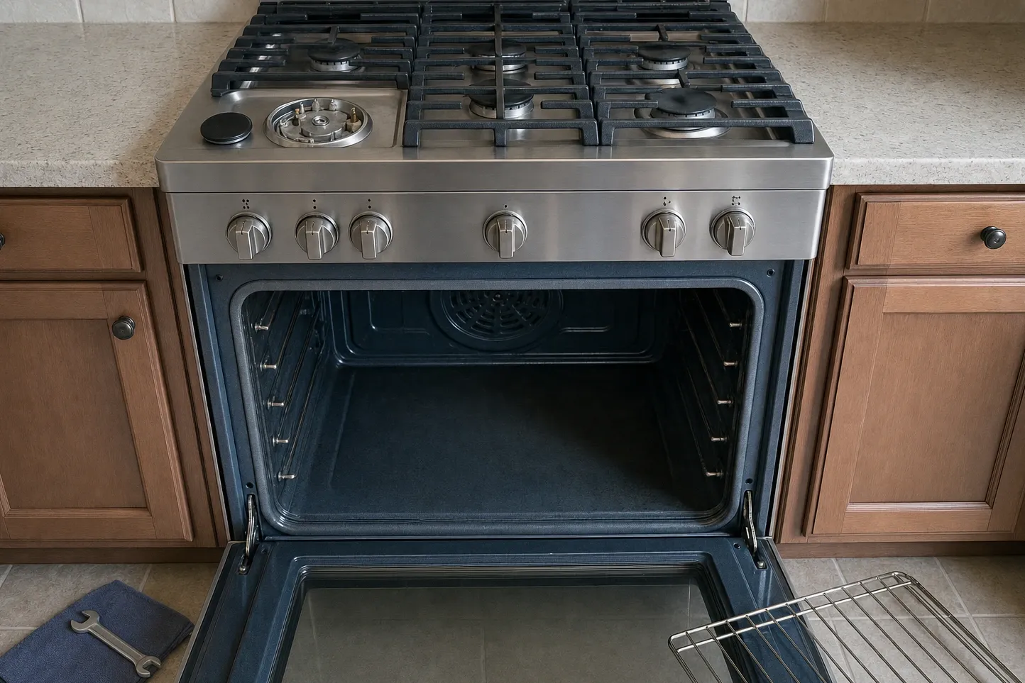 Six-knob stainless range with the front-left burner fully stripped to its machined base, brass orifice and two igniter electrodes standing clear, cap resting on the deck