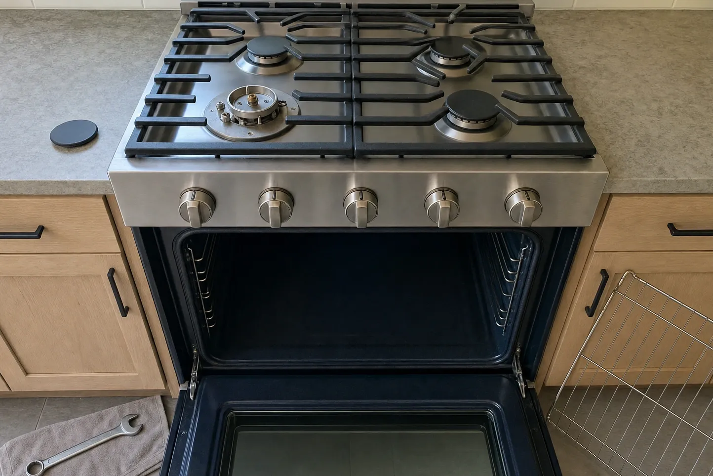 Compact stainless range with five knobs and four burners, the front-left burner head removed to show its base and collar, the cap set on the counter to the left