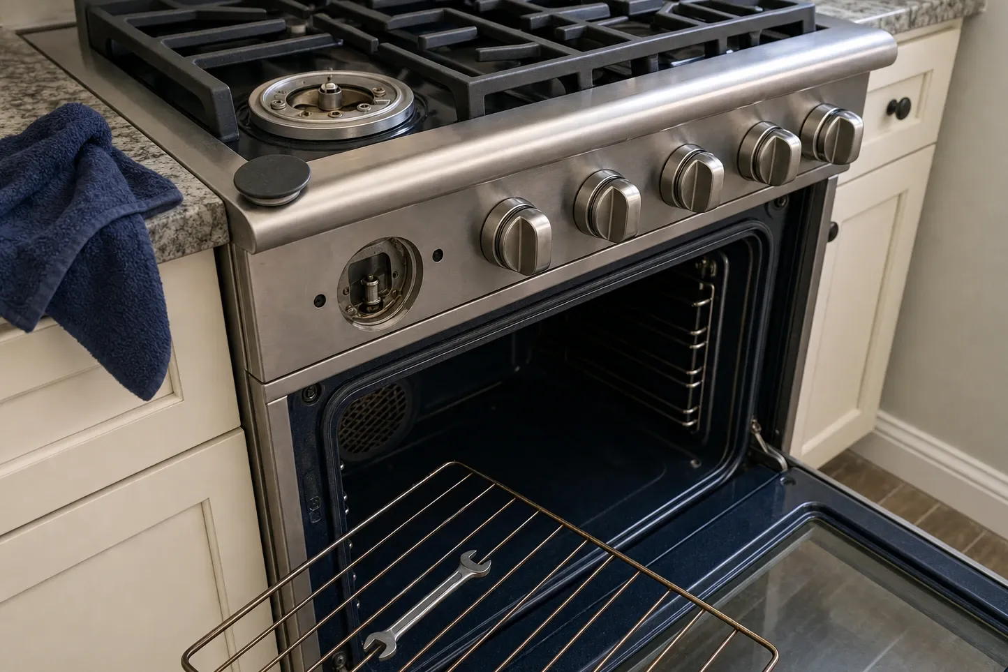 Control fascia of a stainless range with one knob and its bezel removed, leaving the valve stem exposed in a round opening, five knobs still fitted to the right
