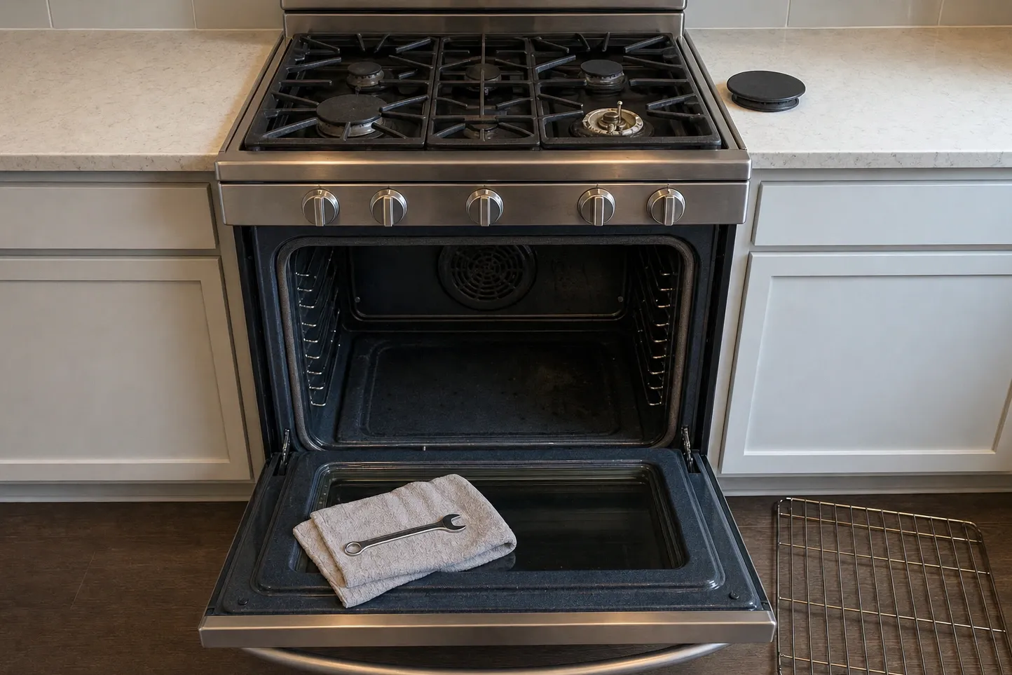 Narrow stainless range with five knobs, the right-hand burner opened to show the electrode standing in the recess, a folded towel and wrench lying on the open oven door