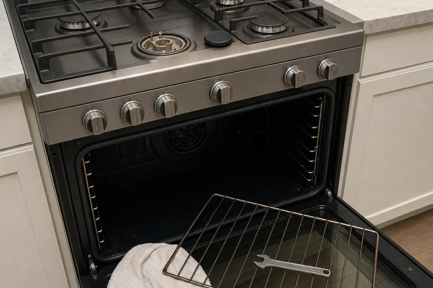 Stainless range photographed from above the counter with the centre burner opened, its cap beside it on the deck, an oven rack pulled onto the lowered door with a towel and wrench