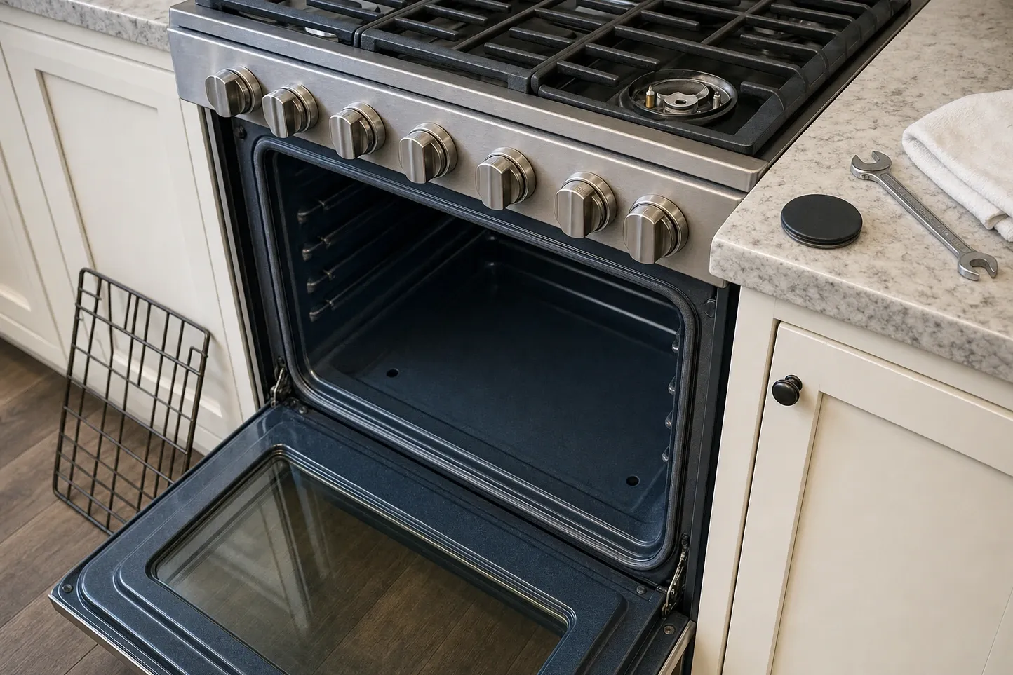 Wide stainless range with eight control knobs across the fascia, one burner opened at the right to show its electrodes, a black cap and a wrench on the marble counter