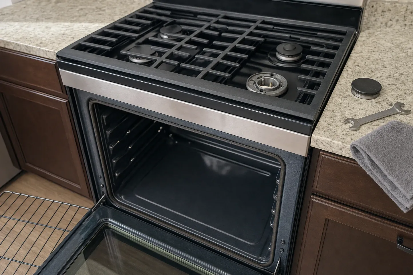 Range with a black porcelain cooking deck and continuous cast grates, the front-right burner lifted out to leave two electrode pins standing, cap and wrench on the granite